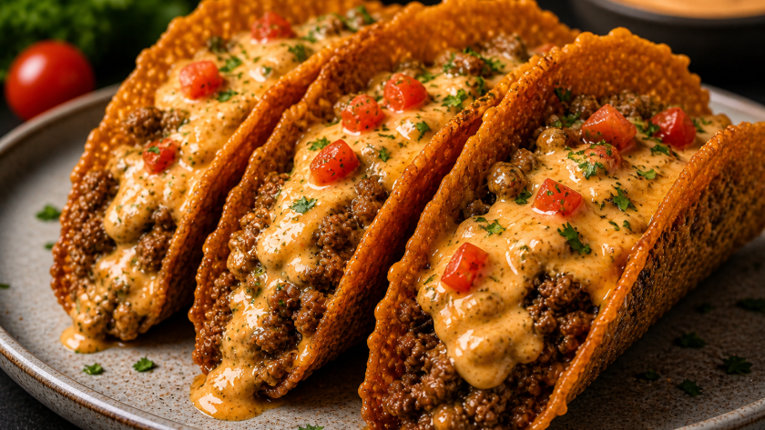 Crispy golden beef tacos filled with seasoned ground meat and topped with a creamy cheesy sauce, garnished with diced tomatoes and herbs, served on a white plate.