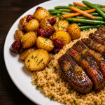 Sliced garlic butter steak on a plate with roasted potatoes, green beans, carrots, and seasoned rice.
