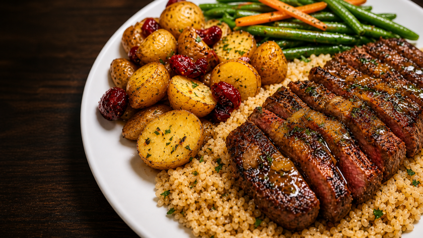 Sliced garlic butter steak on a plate with roasted potatoes, green beans, carrots, and seasoned rice.