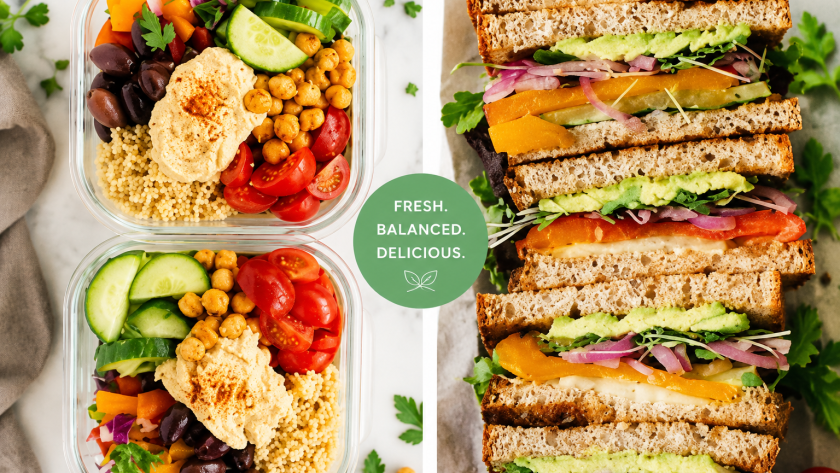 Discover healthy Mediterranean meal prep bowls and veggie sandwiches made with fresh vegetables, hummus, chickpeas, avocado, and whole grain bread. Perfect for easy lunches and healthy meal prep.
