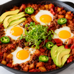 Cast iron skillet filled with Mexican breakfast hash topped with sunny-side-up eggs, avocado slices, jalapeños, potatoes, peppers, and fresh microgreens.