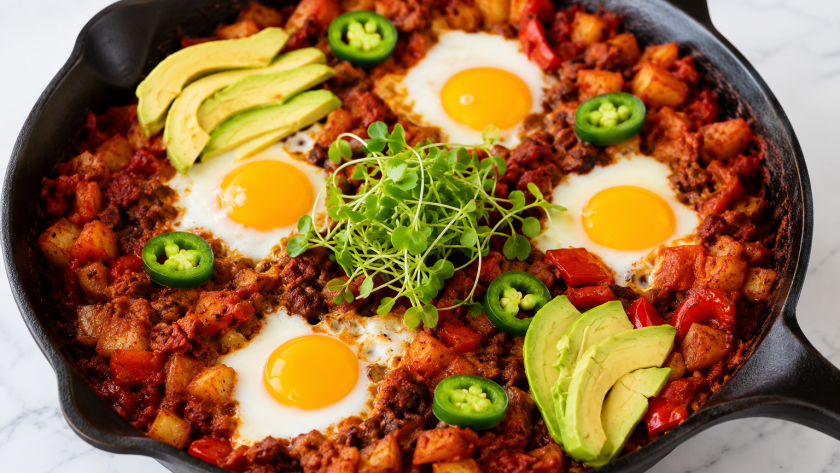 Cast iron skillet filled with Mexican breakfast hash topped with sunny-side-up eggs, avocado slices, jalapeños, potatoes, peppers, and fresh microgreens.