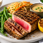 Sesame crusted tuna steak served with green beans, noodles, creamy dipping sauce, and grilled lemon on a ceramic dinner plate.