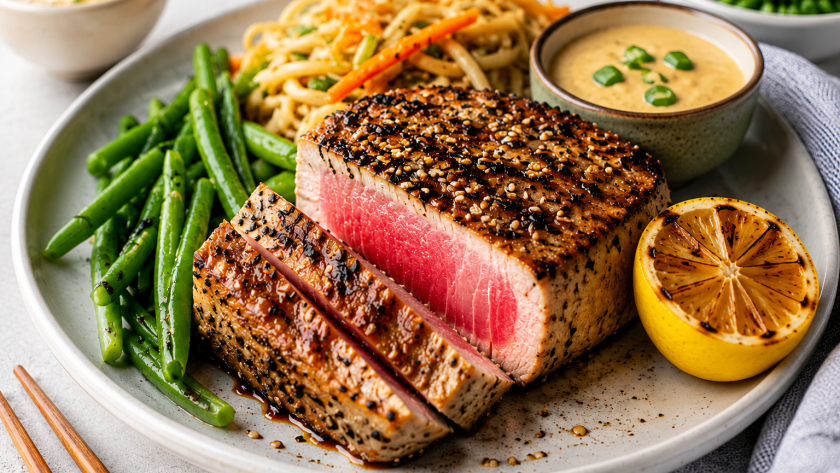 Sesame crusted tuna steak served with green beans, noodles, creamy dipping sauce, and grilled lemon on a ceramic dinner plate.