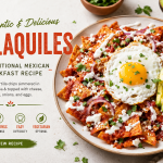 Authentic Mexican chilaquiles topped with a fried egg, avocado slices, queso fresco, crema, cilantro, and red onions in rich red salsa.