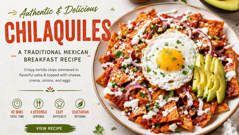Authentic Mexican chilaquiles topped with a fried egg, avocado slices, queso fresco, crema, cilantro, and red onions in rich red salsa.