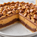 Close-up of a layered chocolate peanut butter tart with almond topping on a white plate.