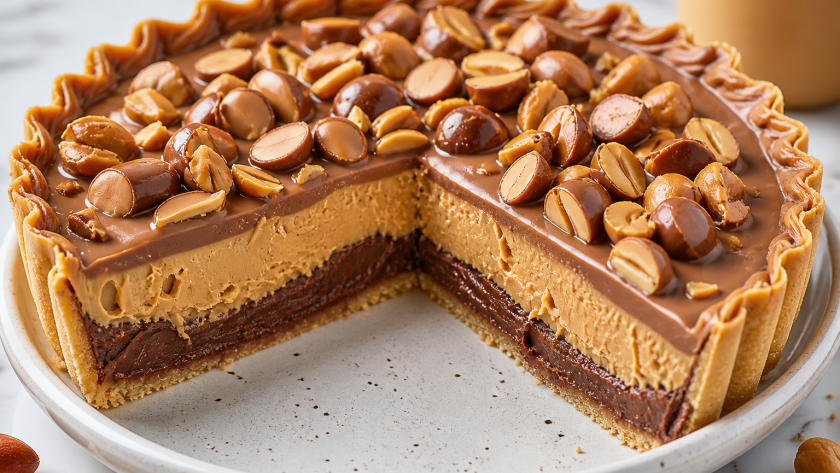 Close-up of a layered chocolate peanut butter tart with almond topping on a white plate.