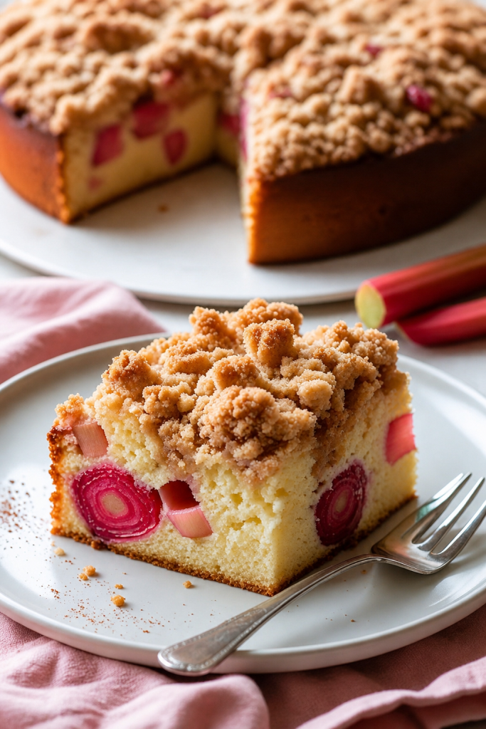 Slice of rhubarb sour cream coffee cake with cinnamon crumble topping on a white plate