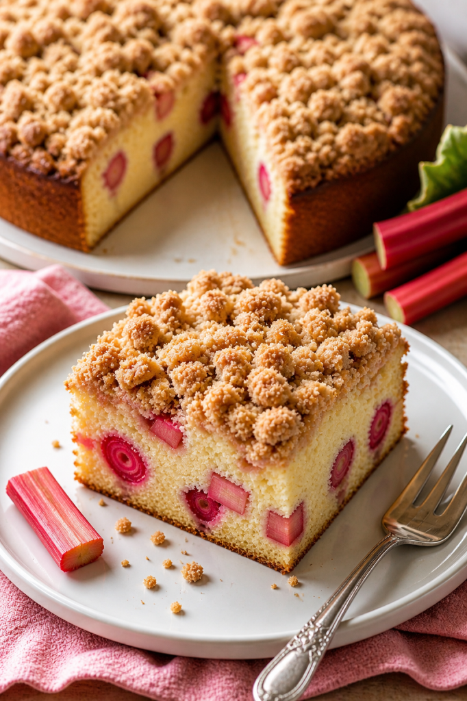 A moist sour cream coffee cake filled with vibrant pink rhubarb chunks and topped with a golden cinnamon streusel crumble, served on a plate with a fork.