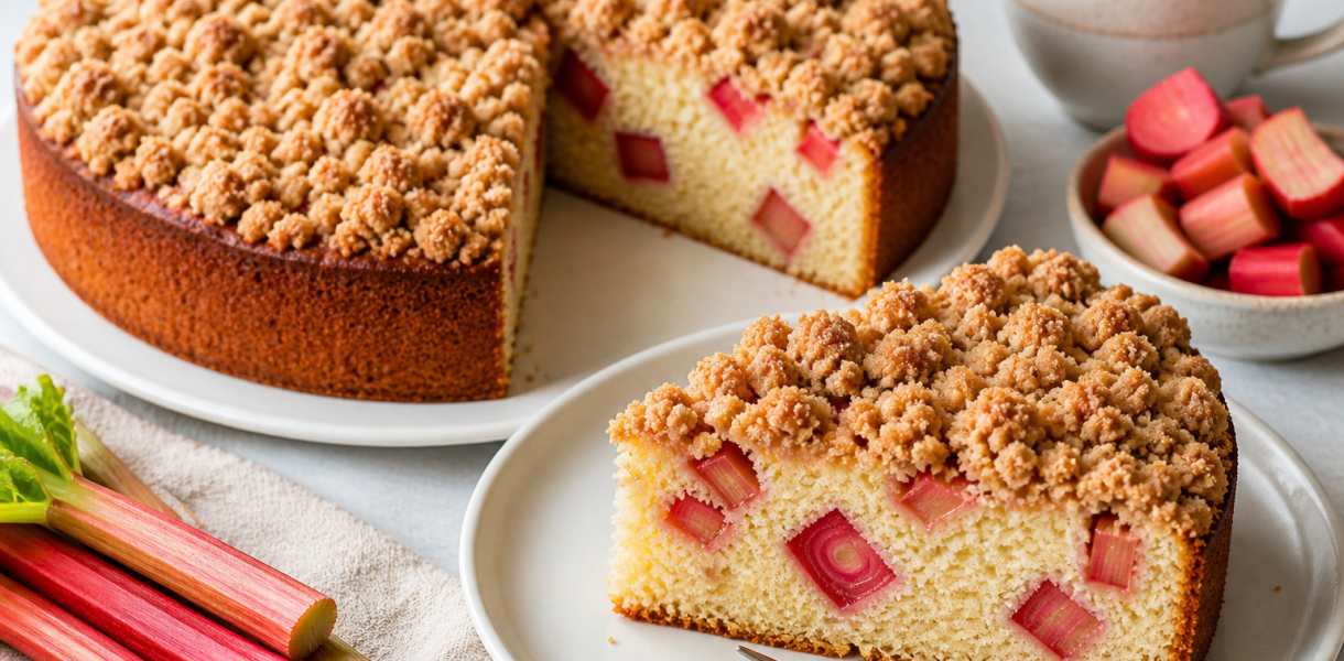 Slice of rhubarb sour cream coffee cake with cinnamon crumble topping on a white plate