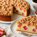 Slice of rhubarb sour cream coffee cake with cinnamon crumble topping on a white plate