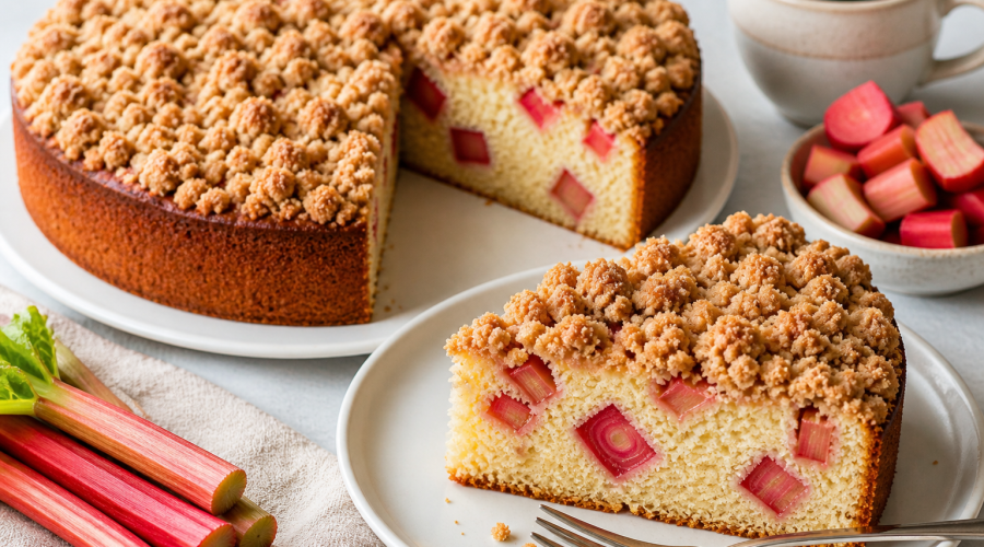 Slice of rhubarb sour cream coffee cake with cinnamon crumble topping on a white plate
