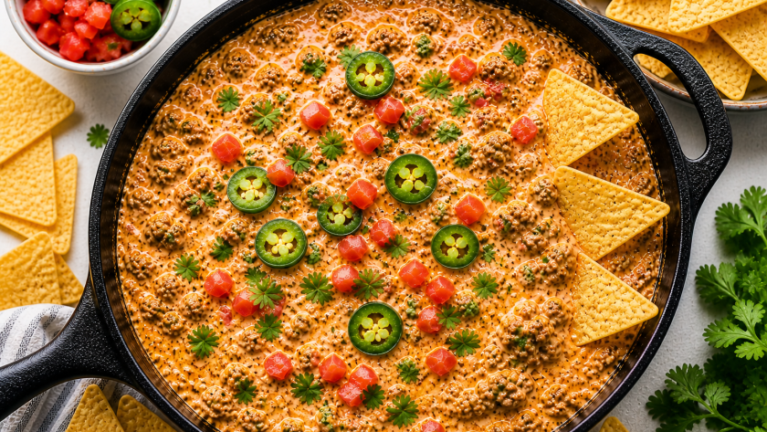 Creamy cheesy beef dip in a cast iron skillet topped with jalapeños, diced tomatoes, and cilantro, served with tortilla chips