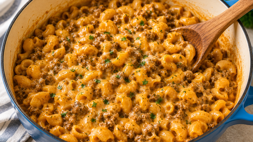 Creamy homemade hamburger helper pasta with ground beef and melted cheddar cheese in a blue pot