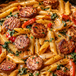 Close-up of spicy sausage penne pasta with creamy tomato sauce, spinach, onions, and bell peppers in a skillet.