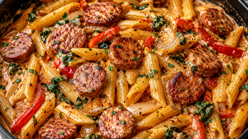 Close-up of spicy sausage penne pasta with creamy tomato sauce, spinach, onions, and bell peppers in a skillet.
