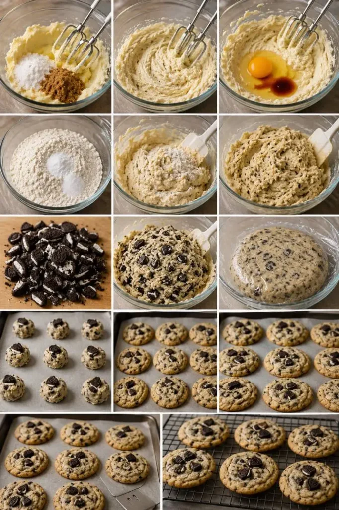 Step by step visual guide showing cookies and cream cookies preparation, including creaming butter and sugars, mixing wet and dry ingredients, folding in crushed chocolate sandwich cookies, chilling dough, shaping cookie dough balls, baking on a tray until golden with soft centers, and cooling on a rack for final texture setting.